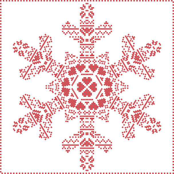 Scandinavian Nordic winter cross stitching, knitting  christmas pattern in  in  snowflake shape , with cross stitch frame including , snow, hearts, stars, decorative elements in red on white   background - Vektor, Bild
