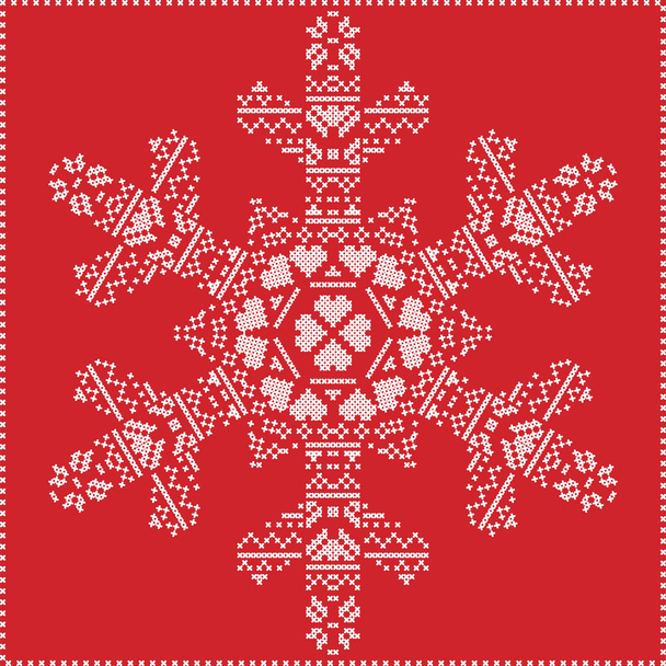 Escandinavo Nordic invierno cruz costura, tejer patrón de Navidad en forma de copo de nieve, con marco de punto de cruz incluyendo, nieve, corazones, estrellas, elementos decorativos en blanco sobre fondo rojo
 - Vector, Imagen