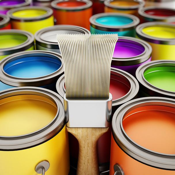 Paintbrush and paint cans - Fotoğraf, Görsel