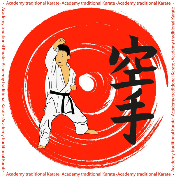 das Emblem des traditionellen Karate-Jungen auf rotem Hintergrund. - Vektor, Bild