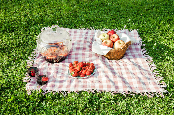 Picnic on the grass outdoors in park on sunny summer day. - Foto, imagen