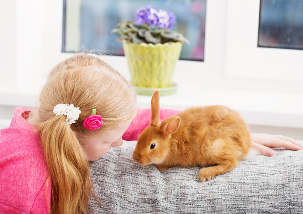 smiling girl with two rabbits indoor - Foto, Bild