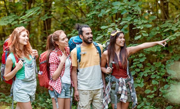 group of smiling friends with backpacks hiking - Photo, image