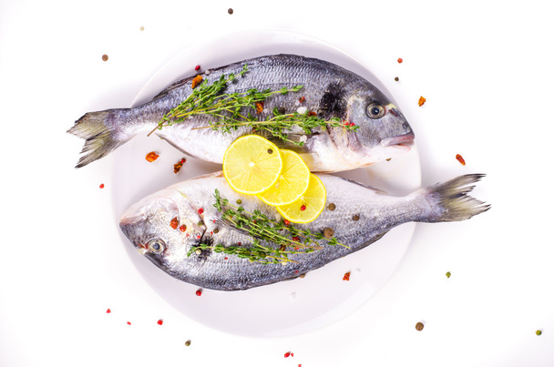 Fresh raw gilthead fishes with lemon, herbs, salt on plate, white background. Healthy food concept. Food frame - Fotó, kép