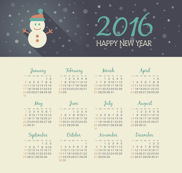 Calendário 2016 ano com boneco de neve de Natal
 - Vetor, Imagem