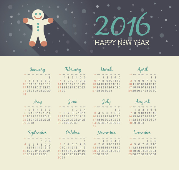 Ημερολογιακού 2016 έτους με τα Χριστούγεννα μελόψωμο άνθρωπος - Διάνυσμα, εικόνα