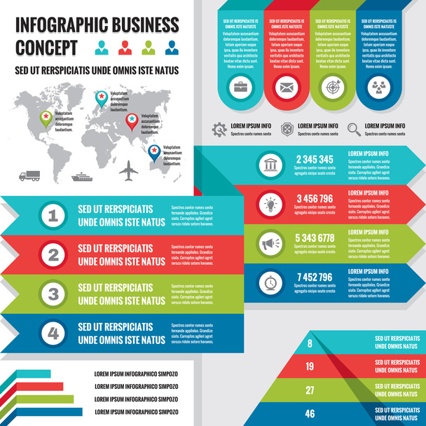 Business infographic concept layout in flat design style for presentation, booklet, website and other design projects. Vector infographic template. Infographics elements. - Vector, afbeelding
