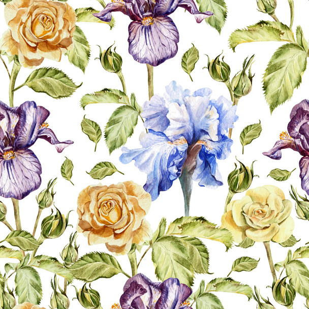 Seamless pattern with watercolor flowers. Rose and Iris. - Photo, Image