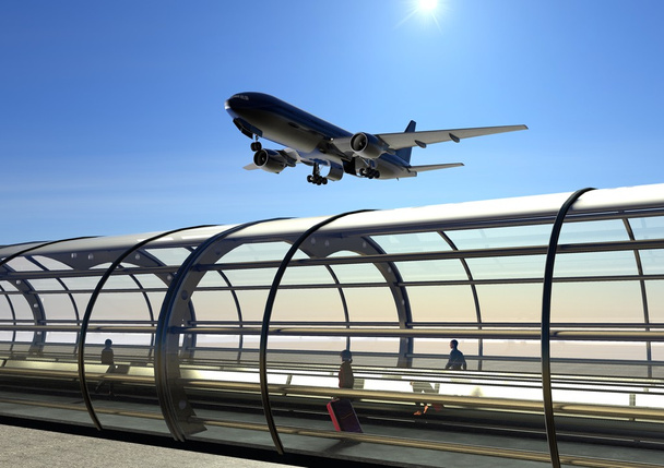 Avión de aterrizaje 3d y terminal del aeropuerto
 - Foto, Imagen