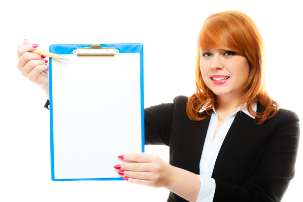 woman holding blue clipboard with blank - Фото, изображение