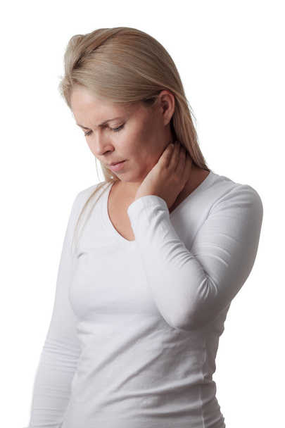 woman holding the neck isolated on white background. sore throat - Photo, Image