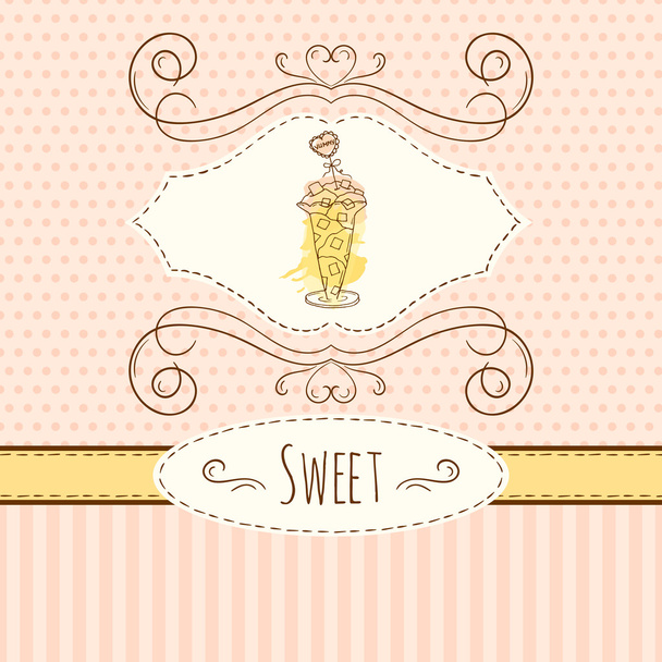Ice cream illustration. Vector hand drawn card with watercolor splashes. Sweet polka dots and stripes design.  - Vektori, kuva