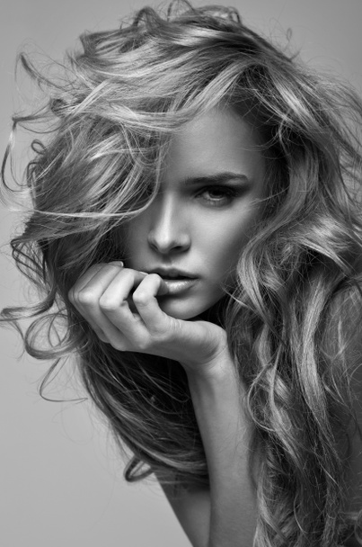 Black and white vogue style portrait of delicate blonde woman - Photo, Image