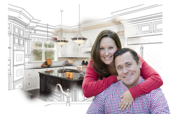 Çift ile mutfak tasarım çizim ve fotoğraf arkasında - Fotoğraf, Görsel