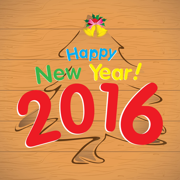 Happy New Year 2016 and Christmas tree on wood background. - Vector, Image
