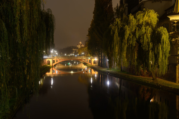 Illuminated bridge over the river in the city - Photo, Image