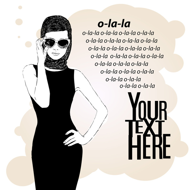 Beautiful retro woman, vector. Copy space. In little black dress with a sun glasses. - Vector, Image