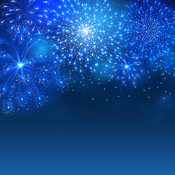 Fuegos artificiales festivos estallando en varias formas y colores azules
 - Vector, Imagen