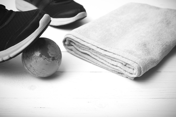 running shoes,earth ball and towel black and white tone color st - Photo, Image