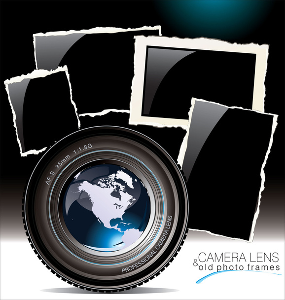 Camera lens with old photo frames - Διάνυσμα, εικόνα