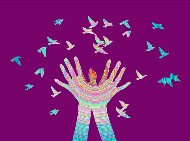 Hands with bird in color - Vector, Image