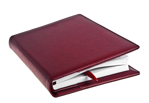 Leather notebook and pen on white background - Foto, Imagen