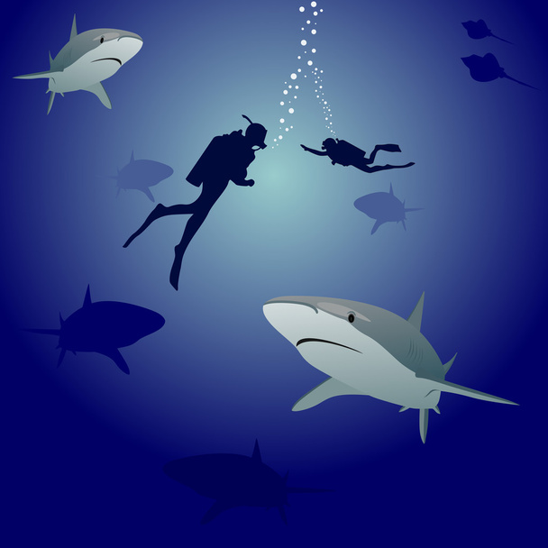 Sharks and scuba divers - Vector, Image