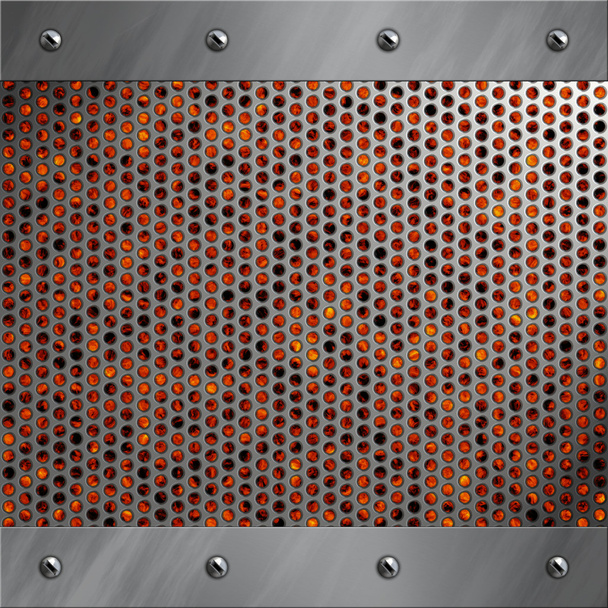 Brushed aluminum frame bolted to a perforated metal over fire, hot lava or melted metal - Foto, Imagem