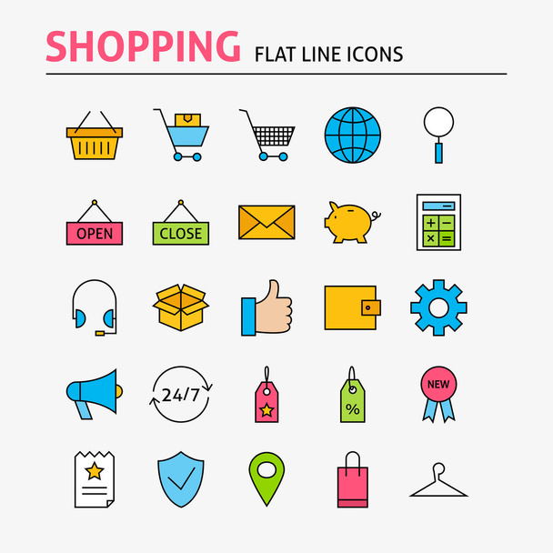 Compras online colorido linha plana ícones conjunto
 - Vetor, Imagem