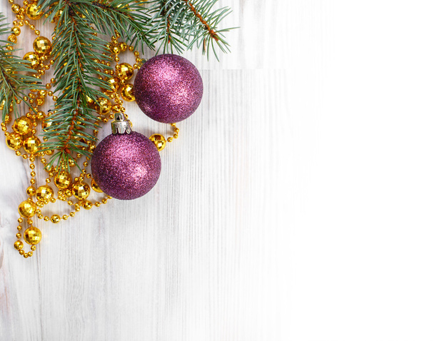 Two Christmas balls and fir twig - Fotoğraf, Görsel