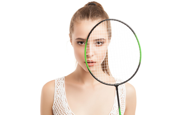 beautiful girl holding badminton racket - Zdjęcie, obraz