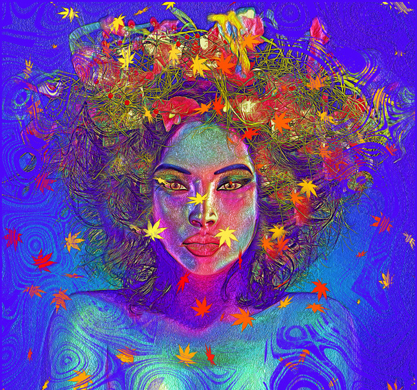 bunte Blätter und Wirbel verstärken dieses abstrakte digitale Kunstbild des Gesichts einer Frau aus nächster Nähe. - Foto, Bild