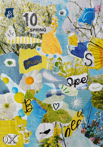 lente seizoen sfeer kleur blauw, roze, groen, geel en pastel mood board met gescheurd magazine en drukwerk papier met bloemen, vogels, heartshape en brieven, tekenen, kleuren en texturen - Foto, afbeelding