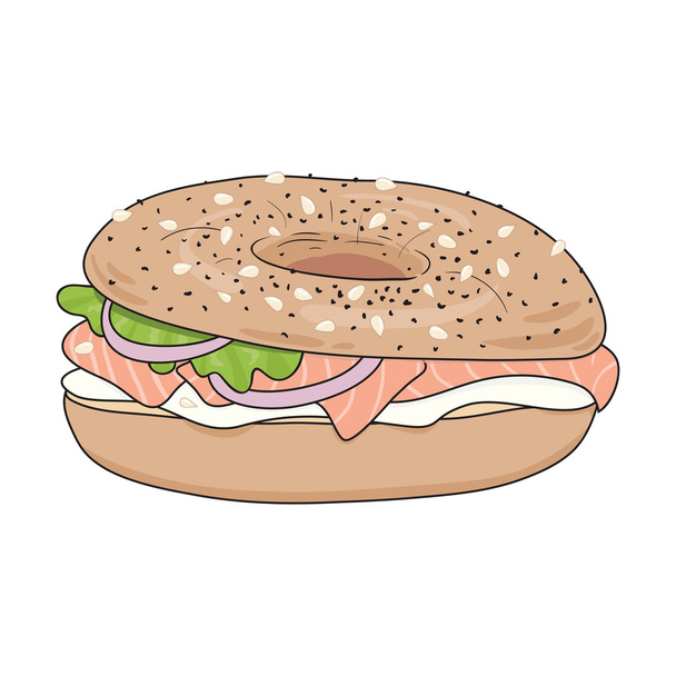 Sandwich de bagel fresco con queso crema y salmón. Semillas de amapola y sésamo encima. Ilustración vectorial
. - Vector, imagen