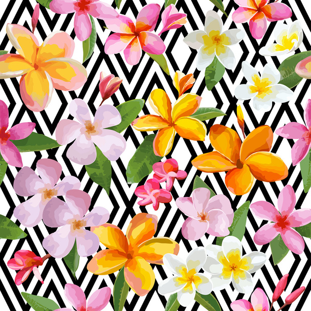 Tropical Flowers and Leaves Geometric Background - Wektor, obraz