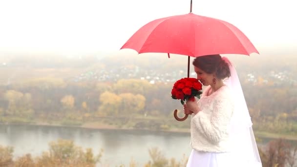 Ślub para gospodarstwa czerwony parasol - Materiał filmowy, wideo