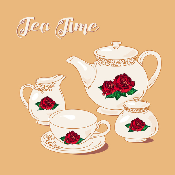 Tea Time with rose - Διάνυσμα, εικόνα