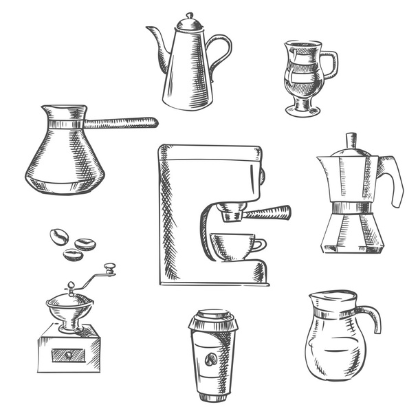 Beverage sketch icons around the coffee machine - Vector, imagen