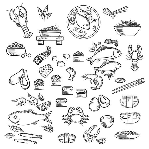 Meeresfrüchte und Feinkost skizzierten Ikonen - Vektor, Bild