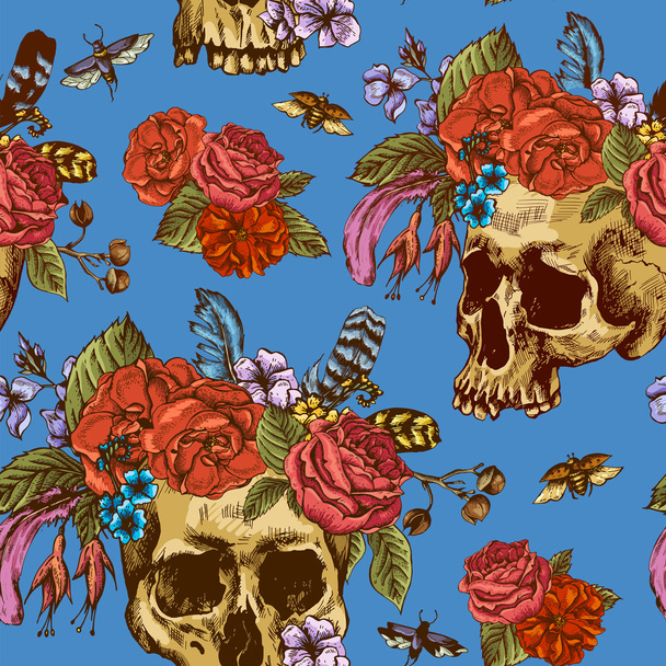 Skull and Flowers Day of The Dead Seamless Pattern - Vector, Image
