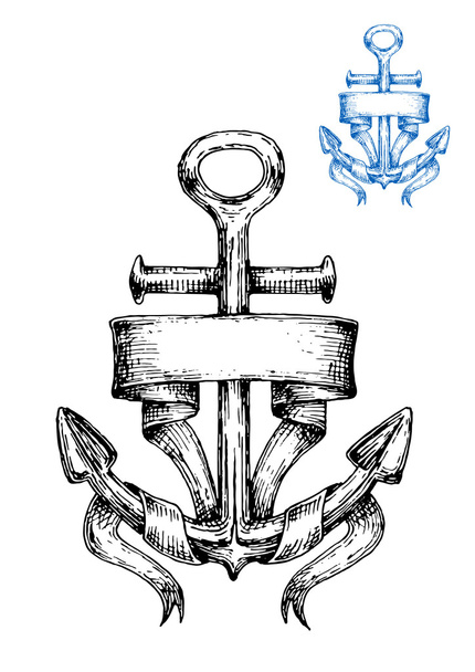 Vintage marine anchor sketch with ribbon - ベクター画像