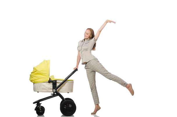 Woman with pram isolated on white - Photo, Image