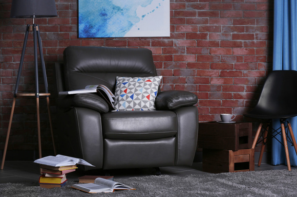 Leather armchair and floor lamp - Фото, зображення