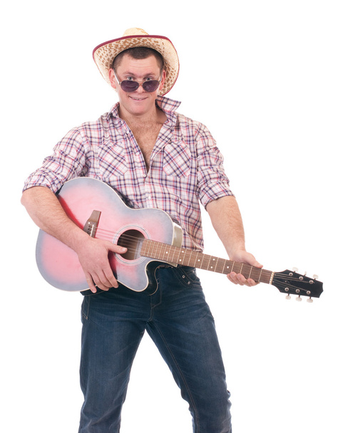 Pretty man with cowboy hat and guitar - Foto, Imagem