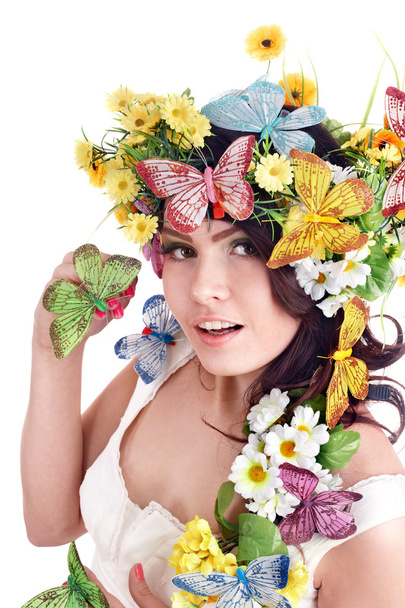 Girl with butterfly and flower on head. - Foto, imagen