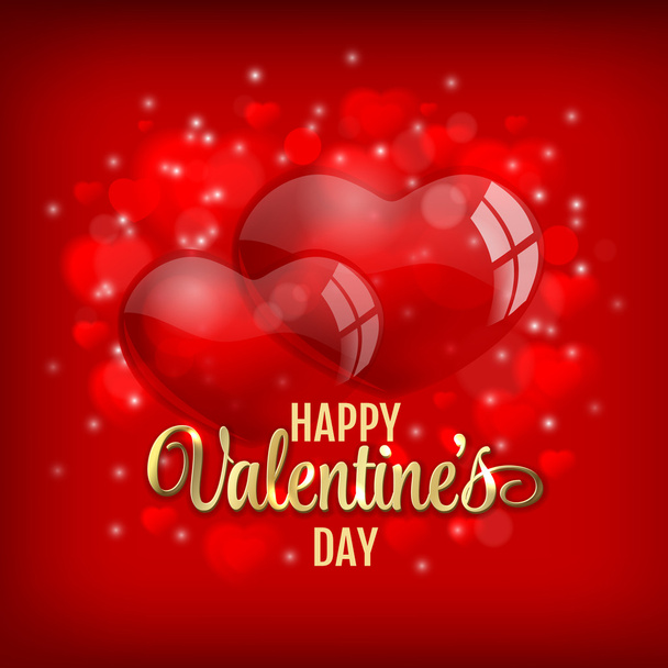 Valentines day greeting with red heart baloons and golden lettering on red shiny background- vector illustration - Vector, imagen