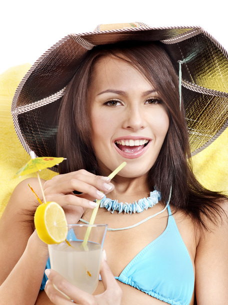 Girl in bikini drinking cocktail. - Fotoğraf, Görsel