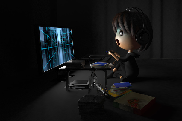 Person who is pale playing a game in dark room - Photo, Image