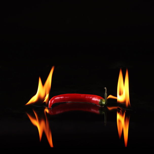 Czerwony ostry papryka chili na czarnym tle z płomieniem - Zdjęcie, obraz