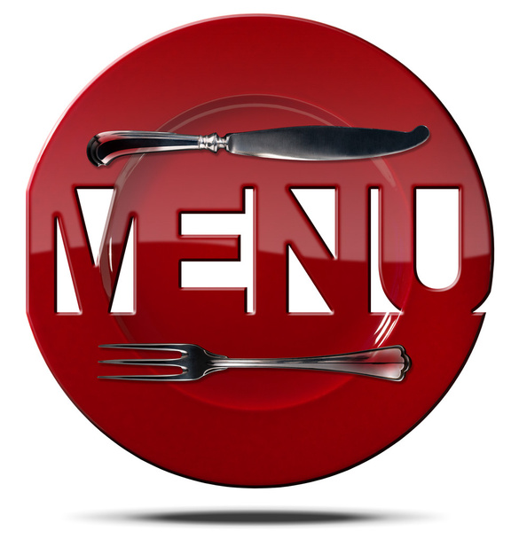 Rode plaat Menu - symbool met bestek - Foto, afbeelding